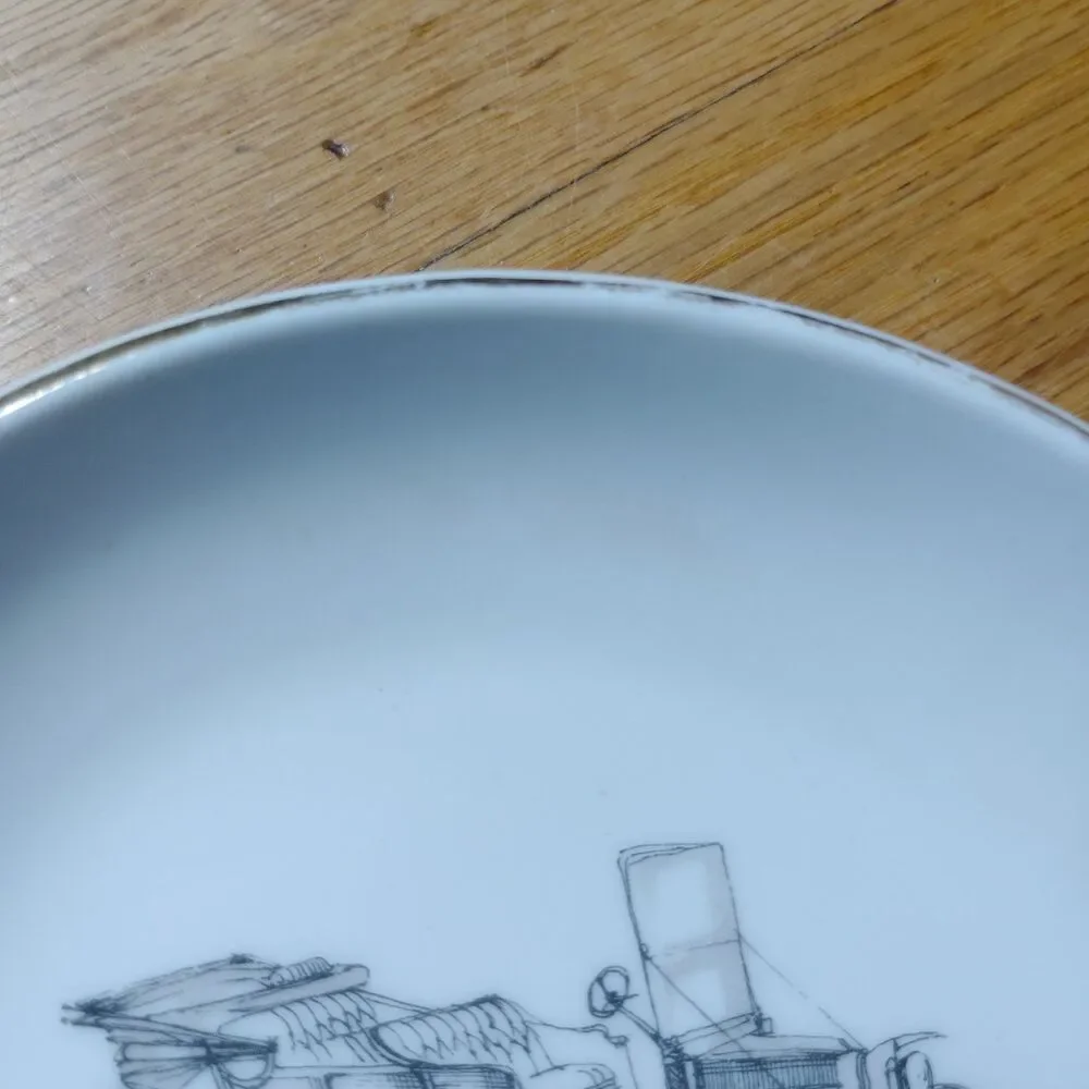 Vintage Bavaria Porcelain Serving Dish Gold Trim Whimsical Car Illustration Rare